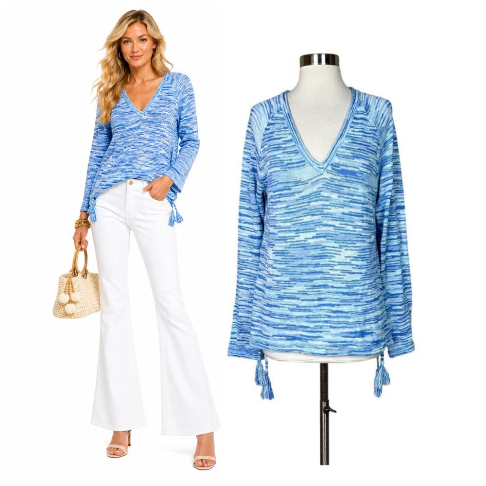 Lilly Pulitzer | Jody Blue Peri High Tide V Neck Tassel Sweater Large